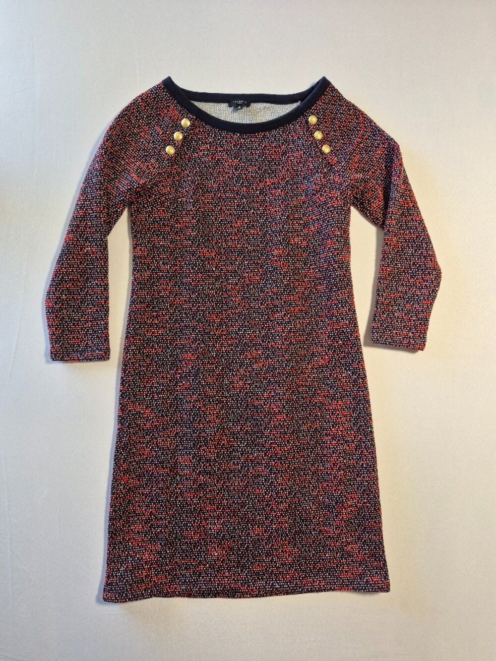 Talbots Knit Tweed Shift Dress Petite XS Navy Coral White Gold Button 3/4 Sleeve